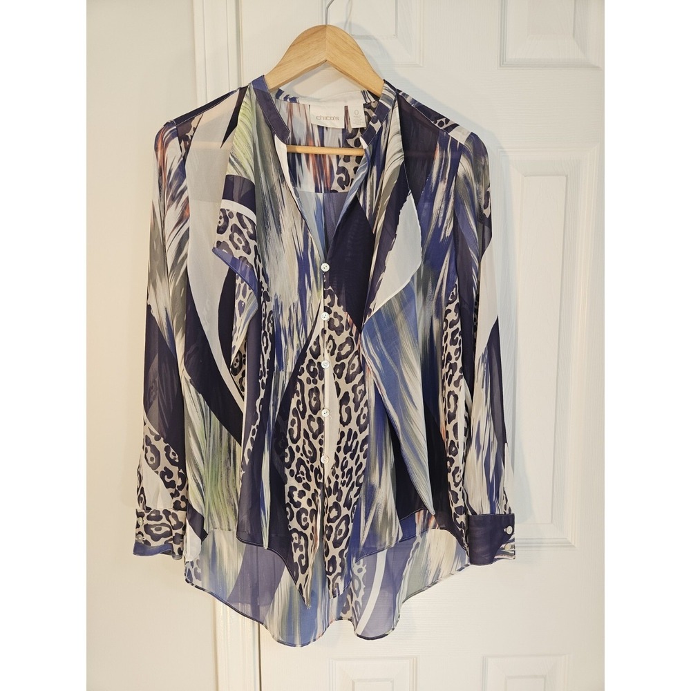 Chicos Mixed Animal Print Chiffon Blouse Blue White Size 0 Small High Low Hem